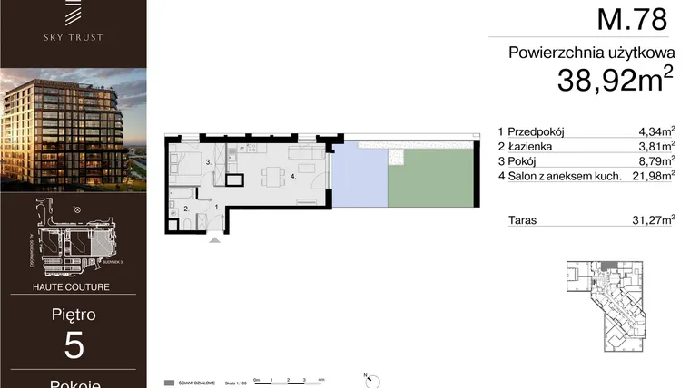Rzut - Mieszkanie na sprzedaż 2 pokoje o powierzchni 38,92 m² - numer M.78 w Sky Trust etap III