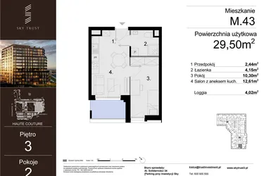 Rzut - Mieszkanie na sprzedaż 2 pokoje o powierzchni 29,5 m² - numer M.43 w Sky Trust etap III