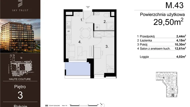 Rzut - Mieszkanie na sprzedaż 2 pokoje o powierzchni 29,5 m² - numer M.43 w Sky Trust etap III