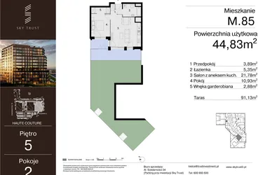 Rzut - Mieszkanie na sprzedaż 2 pokoje o powierzchni 44,83 m² - numer M.85 w Sky Trust etap III
