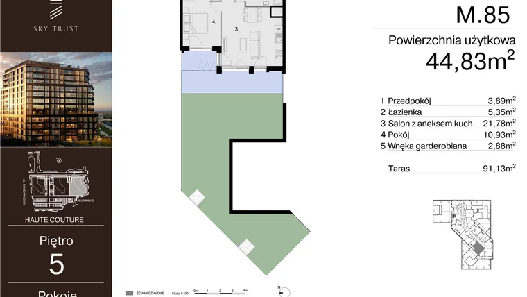 Rzut - Mieszkanie na sprzedaż 2 pokoje o powierzchni 44,83 m² - numer M.85 w Sky Trust etap III
