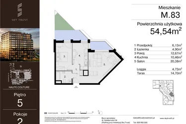 Rzut - Mieszkanie na sprzedaż 2 pokoje o powierzchni 54,54 m² - numer M.83 w Sky Trust etap III