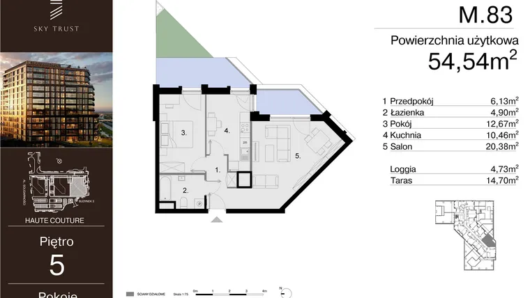 Rzut - Mieszkanie na sprzedaż 2 pokoje o powierzchni 54,54 m² - numer M.83 w Sky Trust etap III