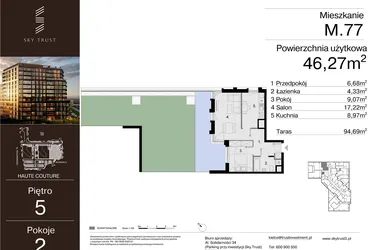 Rzut - Mieszkanie na sprzedaż 2 pokoje o powierzchni 46,27 m² - numer M.77 w Sky Trust etap III