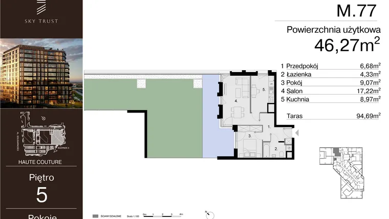 Rzut - Mieszkanie na sprzedaż 2 pokoje o powierzchni 46,27 m² - numer M.77 w Sky Trust etap III