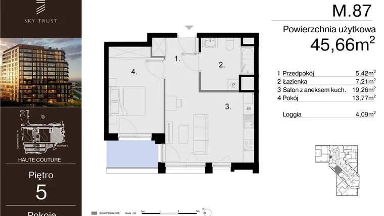 Rzut - Mieszkanie na sprzedaż 2 pokoje o powierzchni 45,66 m² - numer M.87 w Sky Trust etap III
