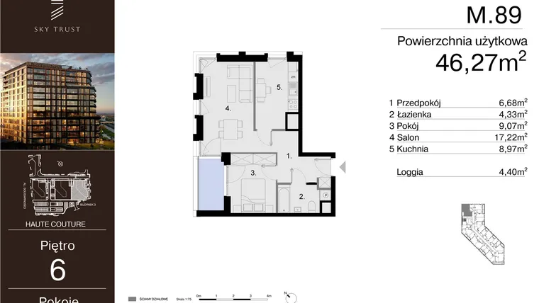 Rzut - Mieszkanie na sprzedaż 2 pokoje o powierzchni 46,27 m² - numer M.89 w Sky Trust etap III