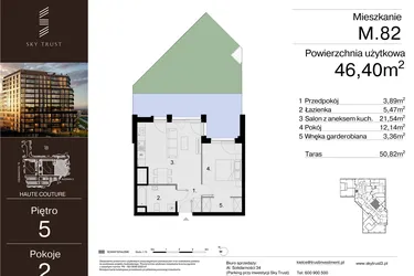 Rzut - Mieszkanie na sprzedaż 2 pokoje o powierzchni 46,4 m² - numer M.82 w Sky Trust etap III