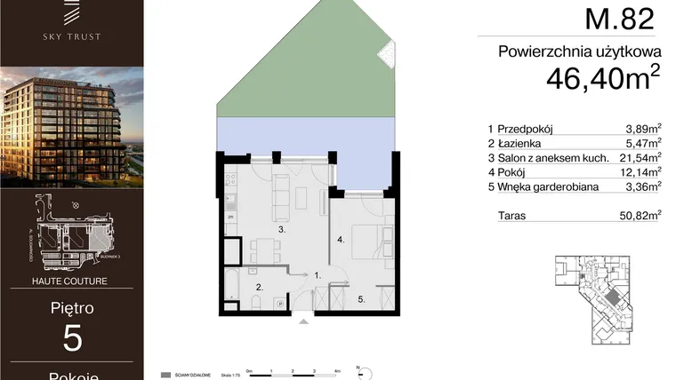 Rzut - Mieszkanie na sprzedaż 2 pokoje o powierzchni 46,4 m² - numer M.82 w Sky Trust etap III