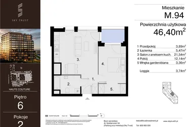 Rzut - Mieszkanie na sprzedaż 2 pokoje o powierzchni 46,4 m² - numer M.94 w Sky Trust etap III