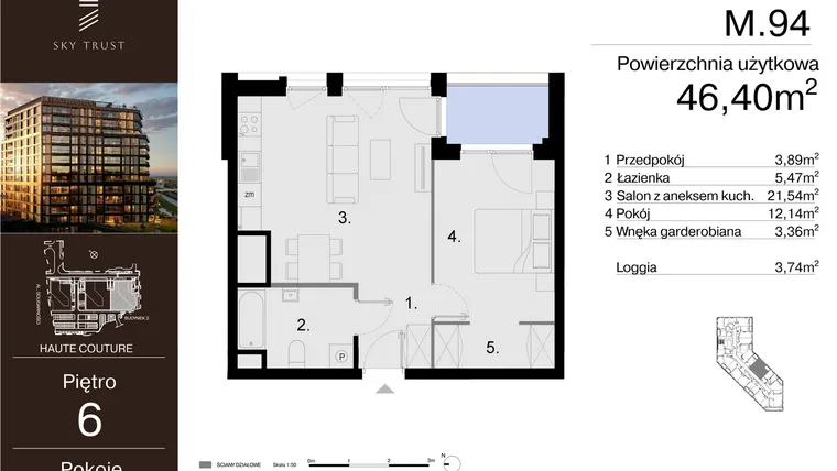 Rzut - Mieszkanie na sprzedaż 2 pokoje o powierzchni 46,4 m² - numer M.94 w Sky Trust etap III