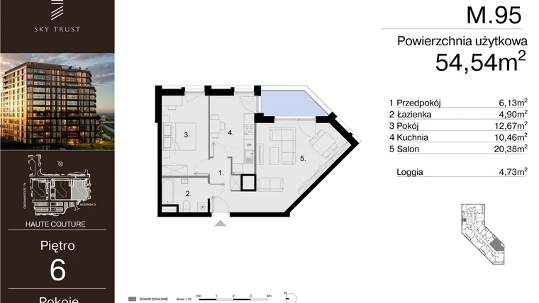 Rzut - Mieszkanie na sprzedaż 2 pokoje o powierzchni 54,54 m² - numer M.95 w Sky Trust etap III