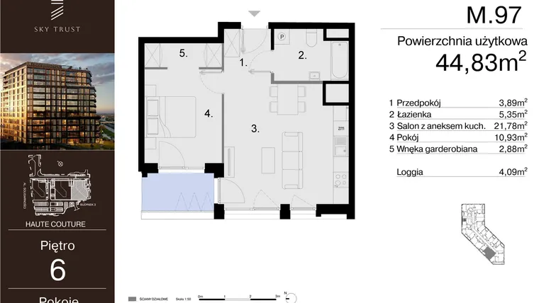 Rzut - Mieszkanie na sprzedaż 2 pokoje o powierzchni 44,83 m² - numer M.97 w Sky Trust etap III