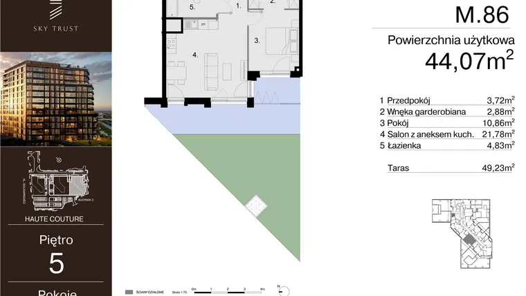 Rzut - Mieszkanie na sprzedaż 2 pokoje o powierzchni 44,07 m² - numer M.86 w Sky Trust etap III
