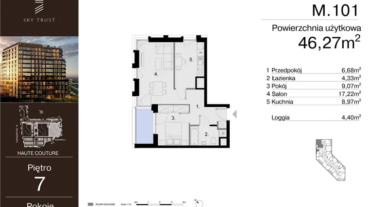 Rzut - Mieszkanie na sprzedaż 2 pokoje o powierzchni 46,27 m² - numer M.101 w Sky Trust etap III