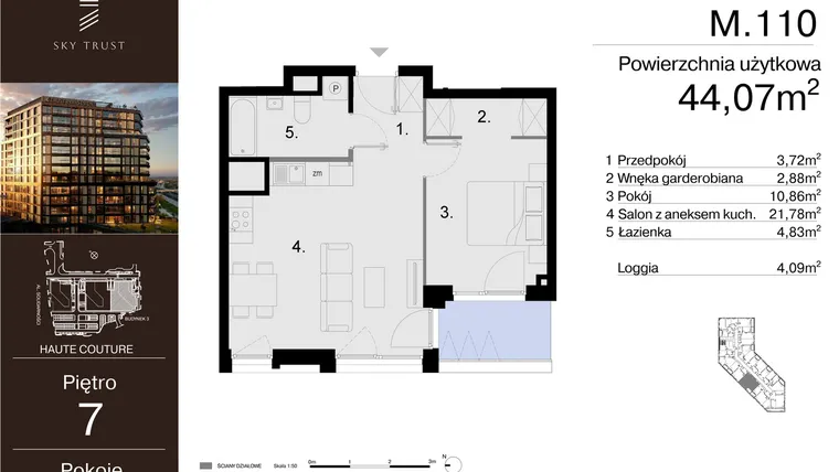 Rzut - Mieszkanie na sprzedaż 2 pokoje o powierzchni 44,07 m² - numer M.110 w Sky Trust etap III