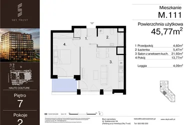 Rzut - Mieszkanie na sprzedaż 2 pokoje o powierzchni 45,77 m² - numer M.111 w Sky Trust etap III