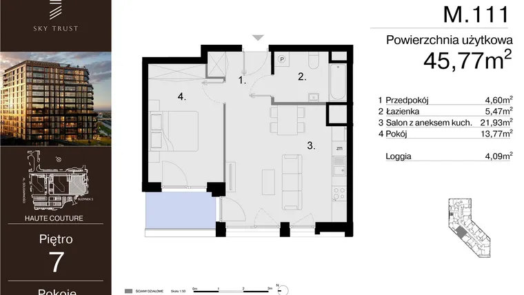 Rzut - Mieszkanie na sprzedaż 2 pokoje o powierzchni 45,77 m² - numer M.111 w Sky Trust etap III