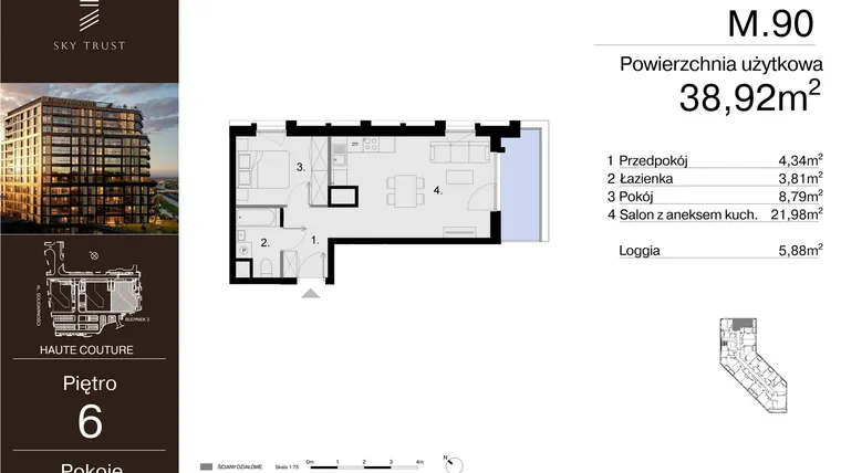 Rzut - Mieszkanie na sprzedaż 2 pokoje o powierzchni 38,92 m² - numer M.90 w Sky Trust etap III