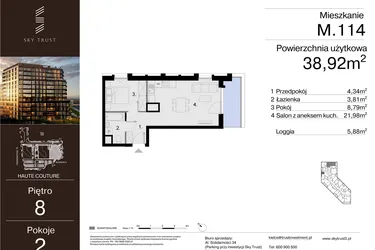Rzut - Mieszkanie na sprzedaż 2 pokoje o powierzchni 38,92 m² - numer M.114 w Sky Trust etap III
