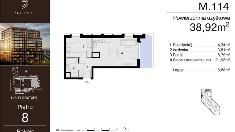 Rzut - Mieszkanie na sprzedaż 2 pokoje o powierzchni 38,92 m² - numer M.114 w Sky Trust etap III