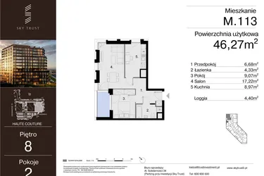 Rzut - Mieszkanie na sprzedaż 2 pokoje o powierzchni 46,27 m² - numer M.113 w Sky Trust etap III