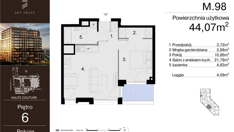 Rzut - Mieszkanie na sprzedaż 2 pokoje o powierzchni 44,07 m² - numer M.98 w Sky Trust etap III