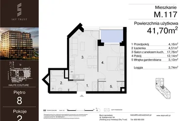 Rzut - Mieszkanie na sprzedaż 2 pokoje o powierzchni 41,7 m² - numer M.117 w Sky Trust etap III