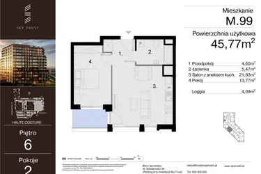 Rzut - Mieszkanie na sprzedaż 2 pokoje o powierzchni 45,77 m² - numer M.99 w Sky Trust etap III
