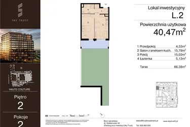 Rzut - Mieszkanie na sprzedaż 2 pokoje o powierzchni 40,47 m² - numer L.2 w Sky Trust etap III - apartamenty inwestycyjne 23% VAT