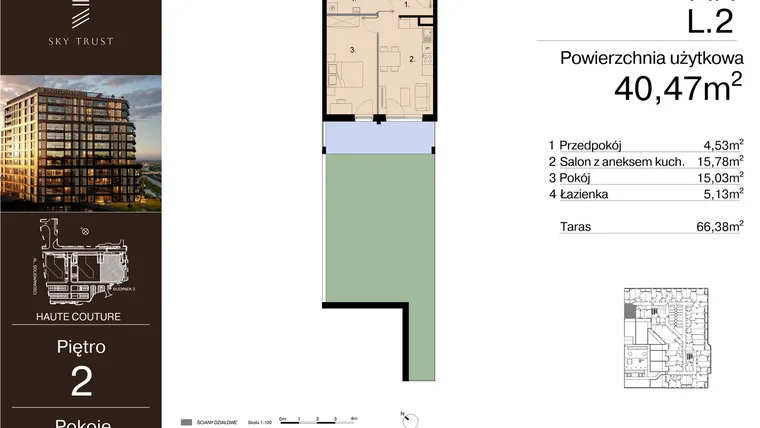 Rzut - Mieszkanie na sprzedaż 2 pokoje o powierzchni 40,47 m² - numer L.2 w Sky Trust etap III - apartamenty inwestycyjne 23% VAT