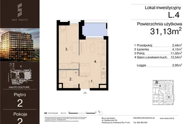 Rzut - Mieszkanie na sprzedaż 2 pokoje o powierzchni 31,13 m² - numer L.4 w Sky Trust etap III - apartamenty inwestycyjne 23% VAT