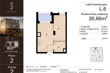 Rzut - Mieszkanie na sprzedaż 2 pokoje o powierzchni 30,66 m² - numer L.6 w Sky Trust etap III - apartamenty inwestycyjne 23% VAT