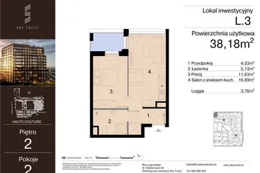 Rzut - Mieszkanie na sprzedaż 2 pokoje o powierzchni 38,18 m² - numer L.3 w Sky Trust etap III - apartamenty inwestycyjne 23% VAT