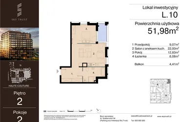 Rzut - Mieszkanie na sprzedaż 2 pokoje o powierzchni 51,98 m² - numer L.10 w Sky Trust etap III - apartamenty inwestycyjne 23% VAT