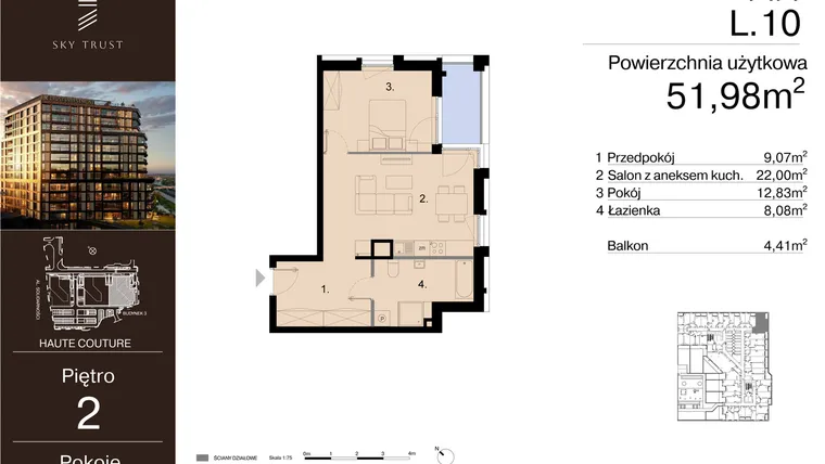 Rzut - Mieszkanie na sprzedaż 2 pokoje o powierzchni 51,98 m² - numer L.10 w Sky Trust etap III - apartamenty inwestycyjne 23% VAT