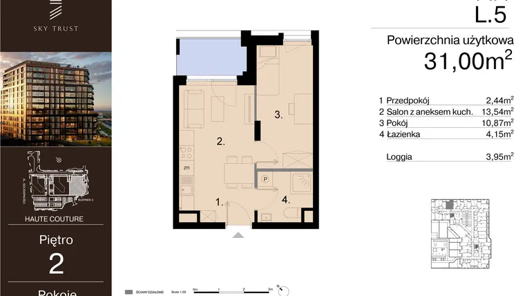 Rzut - Mieszkanie na sprzedaż 2 pokoje o powierzchni 31 m² - numer L.5 w Sky Trust etap III - apartamenty inwestycyjne 23% VAT