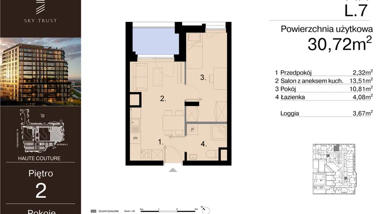 Rzut - Mieszkanie na sprzedaż 2 pokoje o powierzchni 30,72 m² - numer L.7 w Sky Trust etap III - apartamenty inwestycyjne 23% VAT