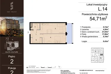 Rzut - Mieszkanie na sprzedaż 2 pokoje o powierzchni 54,71 m² - numer L.14 w Sky Trust etap III - apartamenty inwestycyjne 23% VAT