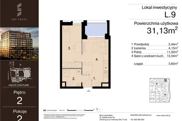Rzut - Mieszkanie na sprzedaż 2 pokoje o powierzchni 31,13 m² - numer L.9 w Sky Trust etap III - apartamenty inwestycyjne 23% VAT