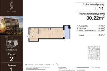 Rzut - Mieszkanie na sprzedaż 1 pokój o powierzchni 30,22 m² - numer L.11 w Sky Trust etap III - apartamenty inwestycyjne 23% VAT