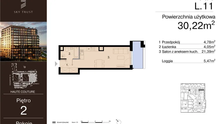 Rzut - Mieszkanie na sprzedaż 1 pokój o powierzchni 30,22 m² - numer L.11 w Sky Trust etap III - apartamenty inwestycyjne 23% VAT