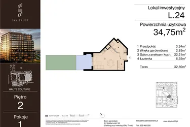 Rzut - Mieszkanie na sprzedaż 1 pokój o powierzchni 34,75 m² - numer L.24 w Sky Trust etap III - apartamenty inwestycyjne 23% VAT