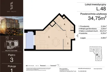 Rzut - Mieszkanie na sprzedaż 1 pokój o powierzchni 34,75 m² - numer L.48 w Sky Trust etap III - apartamenty inwestycyjne 23% VAT