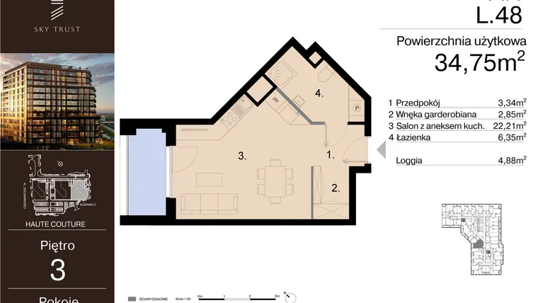 Rzut - Mieszkanie na sprzedaż 1 pokój o powierzchni 34,75 m² - numer L.48 w Sky Trust etap III - apartamenty inwestycyjne 23% VAT