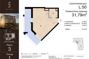 Rzut - Mieszkanie na sprzedaż 1 pokój o powierzchni 31,79 m² - numer L.50 w Sky Trust etap III - apartamenty inwestycyjne 23% VAT