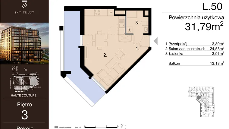Rzut - Mieszkanie na sprzedaż 1 pokój o powierzchni 31,79 m² - numer L.50 w Sky Trust etap III - apartamenty inwestycyjne 23% VAT