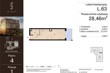 Rzut - Mieszkanie na sprzedaż 1 pokój o powierzchni 28,46 m² - numer L.63 w Sky Trust etap III - apartamenty inwestycyjne 23% VAT