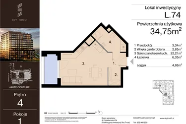 Rzut - Mieszkanie na sprzedaż 1 pokój o powierzchni 34,75 m² - numer L.74 w Sky Trust etap III - apartamenty inwestycyjne 23% VAT