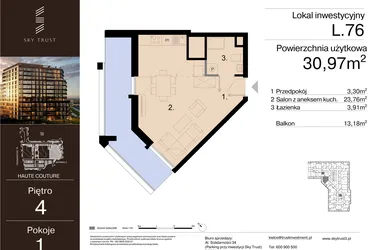 Rzut - Mieszkanie na sprzedaż 1 pokój o powierzchni 30,97 m² - numer L.76 w Sky Trust etap III - apartamenty inwestycyjne 23% VAT